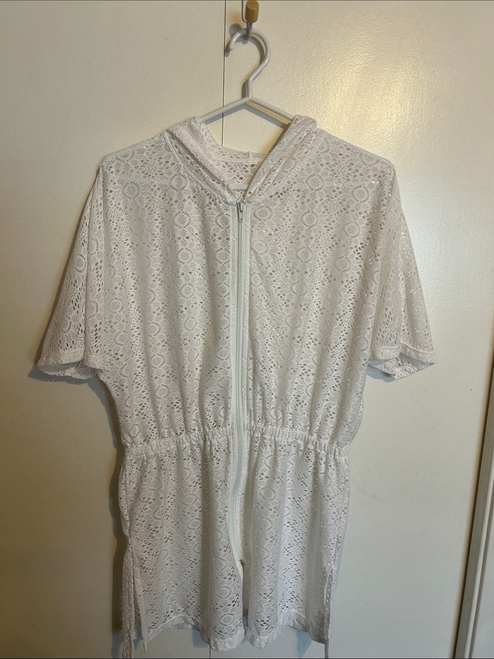 White Lace Zip-Front Woman’s Cover-up with Hood